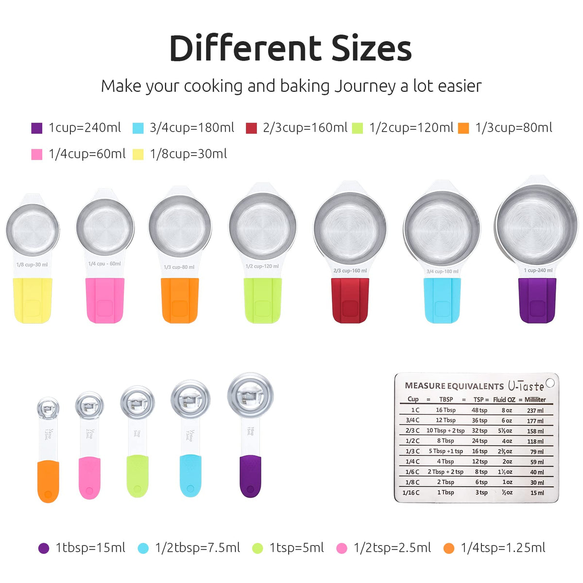Measuring Cups, U-Taste Magnetic Measuring Cups and Spoons Set of 13 in 18/8 Stainless Steel: 7 Measuring Cups and 5 Measuring Spoons with 1 Professional Magnetic Measurement Conversion Chart
