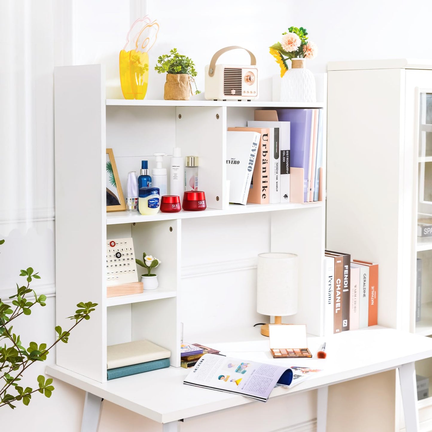 deli Desktop Shelf, Desk Hutch with 5 Shelves for Computer Desk, Desktop 3-Tier Display Rack, Multipurpose Wood Desktop Bookshelf Storage Organizer for Dorm Office Home