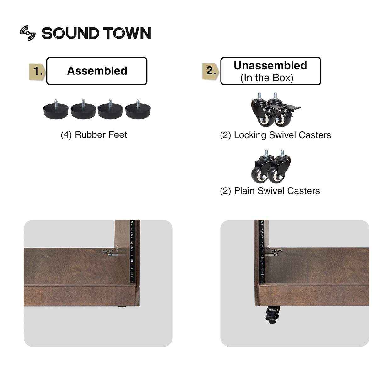 Sound Town 16U DIY Solid Baltic Birch Plywood Slanted Studio Rack with 16U Rack Space, Extra 2U Drawer, Rubber Feet, Casters, Weathered Brown (SDRK-16TBD2)