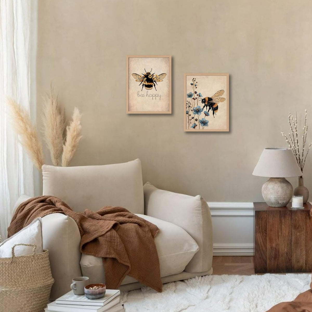 CVXHKH 2Pcs Bee Happy Framed Bumblebee and Flower Canvas Wall Art, Bee Lover Gift Rustic Nature Artwork Inspirational Botanical Picture, Cute Insect Artwork for Living Room, Bedroom, Office 12x16in