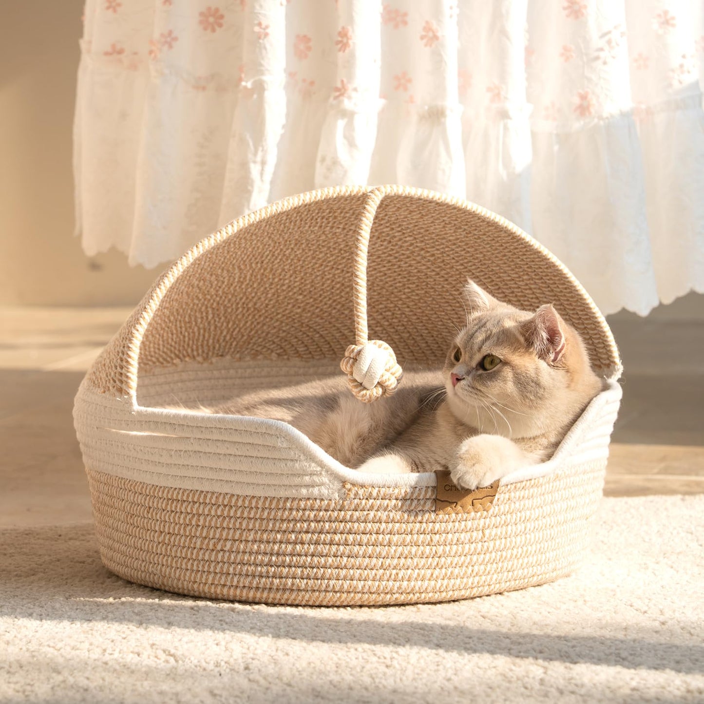 CHEERPALS Cat Basket Bed with Washable Cushion and Ball Rope Cotton, Covered Pet Bed for Indoor Cats Cave Bed Hooded, Stimulicat Cat Bed Handwoven Breathable, All Season Universal(White)