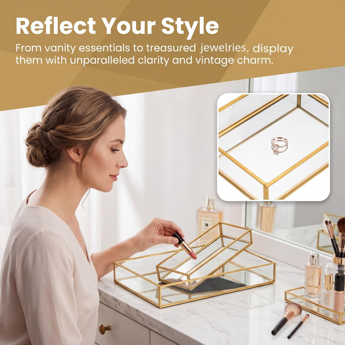 Lyellfe 2 Pack Perfume Trays, Gold Vanity Tray, Decorative Gold Mirror Tray, Non Slip Rectangular Perfume Tray, Jewelry, Bathroom