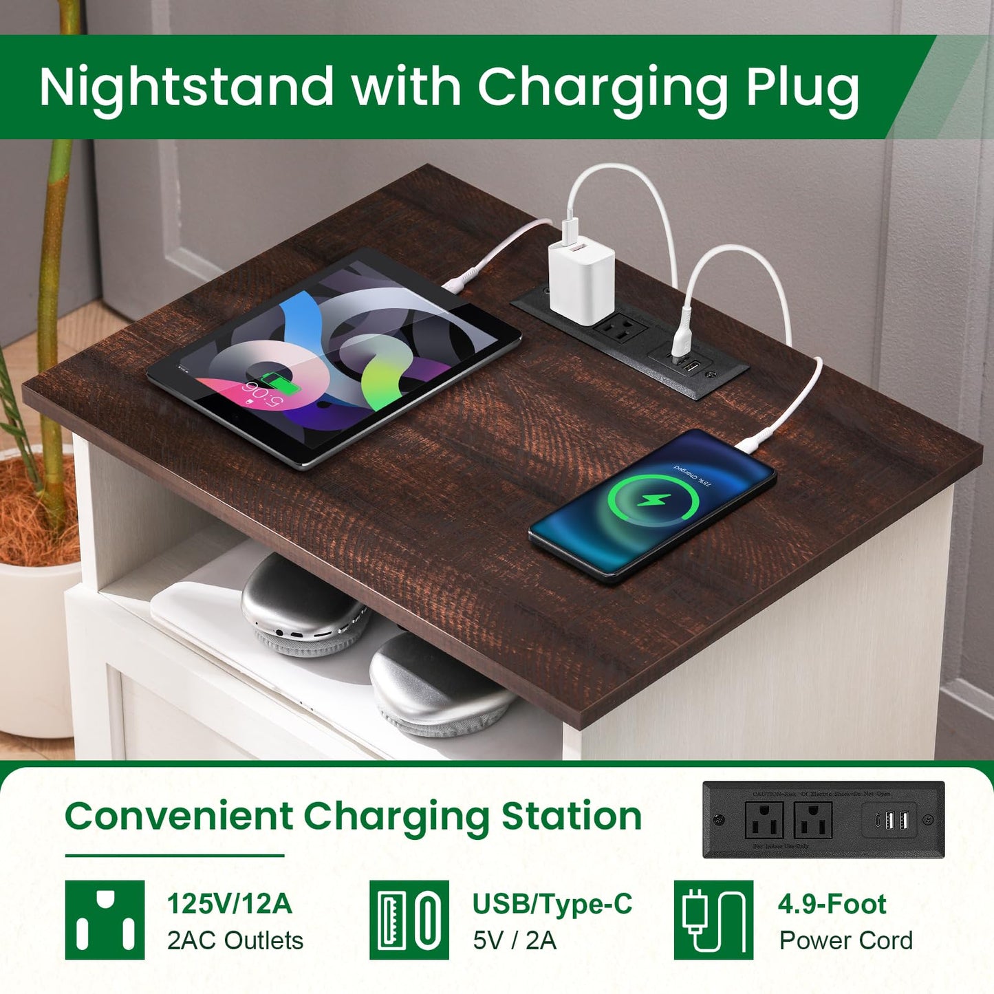 20-Inch Wide Modern Nightstands Set of 2 with Charging Station & Outlets, Bedside Tables with 2 Drawers and Open Shelf, Sleek Design End Tables for Bedroom and Office, White