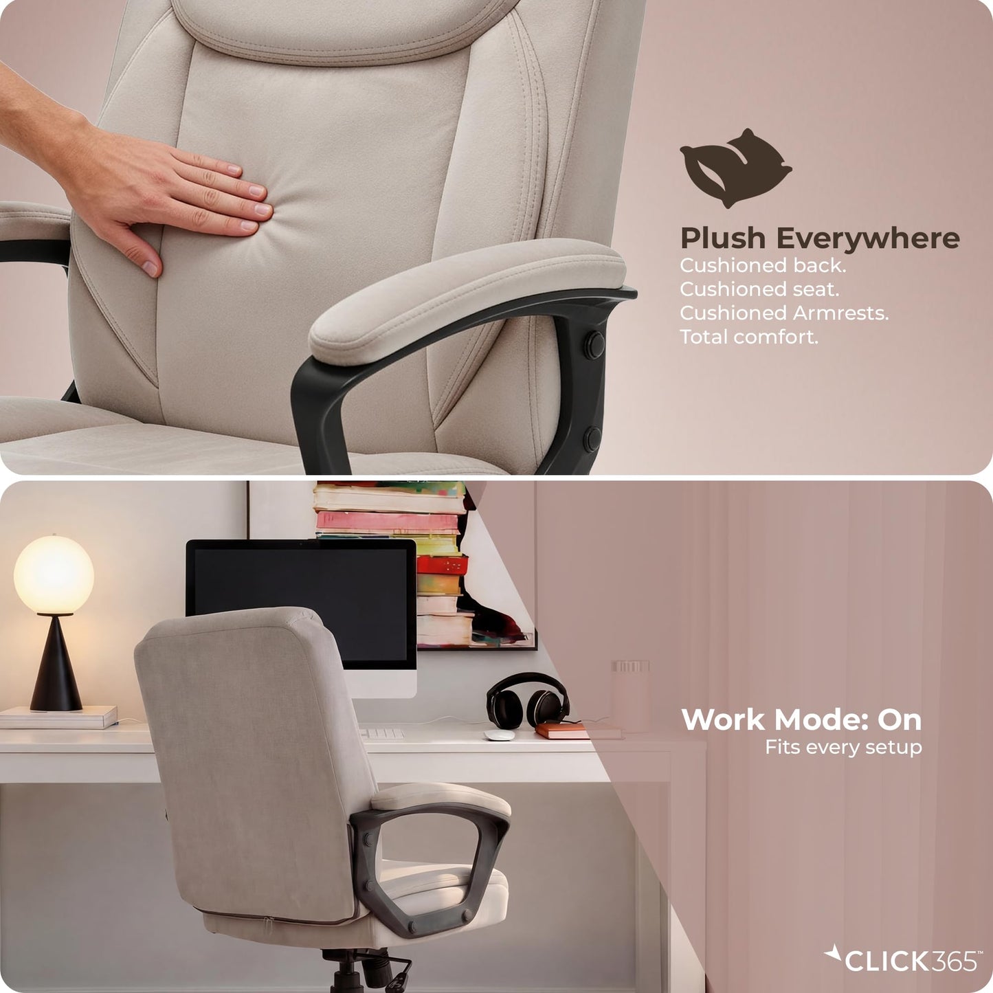 Click365 Transform 1.0 Ergonomic Office Chair, Mid Back Desk Chair with Padded Arms, Lumbar Support, Adjustable Height, Tilt Recline, Swivel Computer Chair, Fabric, Beige