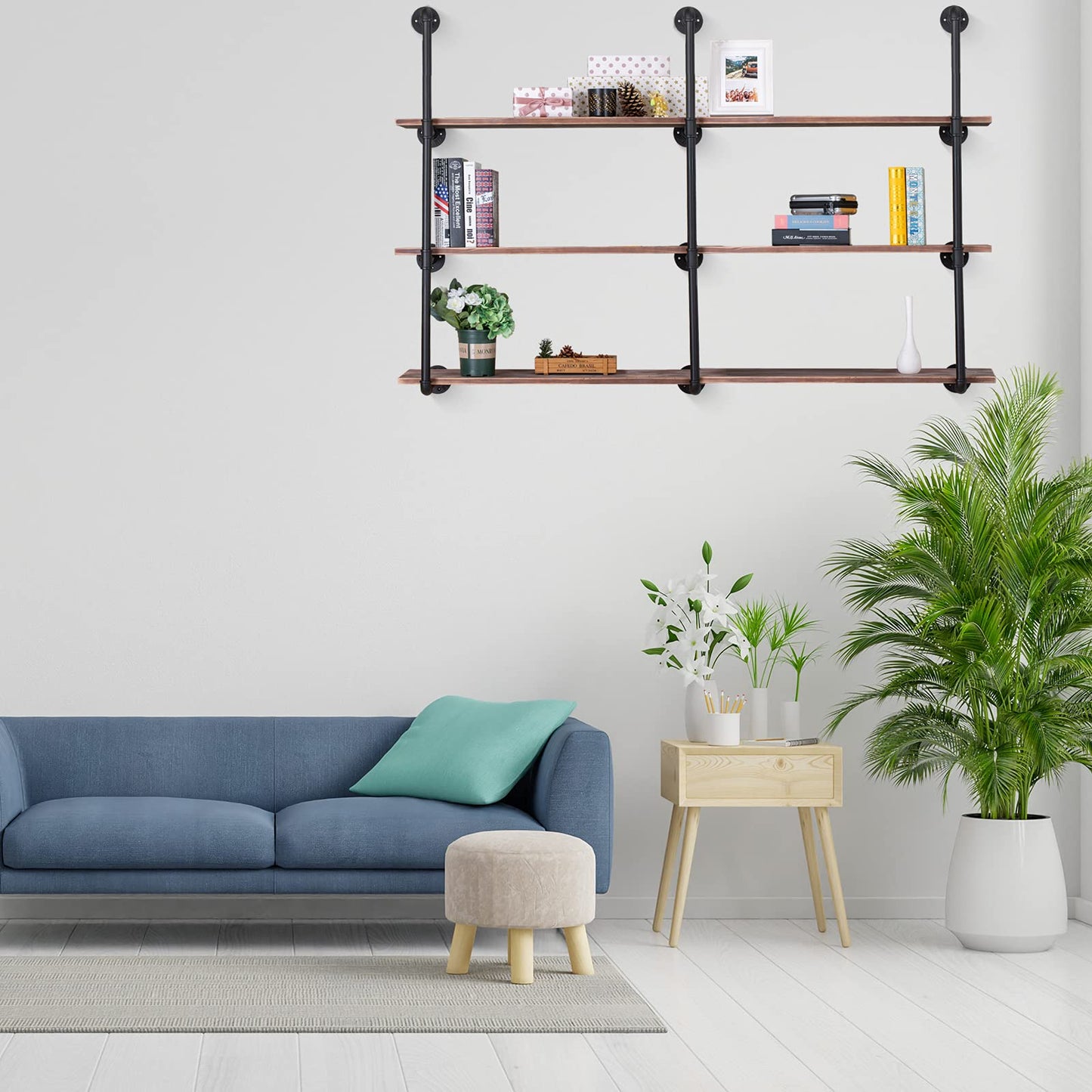 Pynsseu Industrial Iron Pipe Shelving Brackets Unit, Farmhouse Wall Mounted Pipe Shelves for Kitchen Bathroom, DIY Bookshelf Living Room Storage, 3Pack of 4 Tier