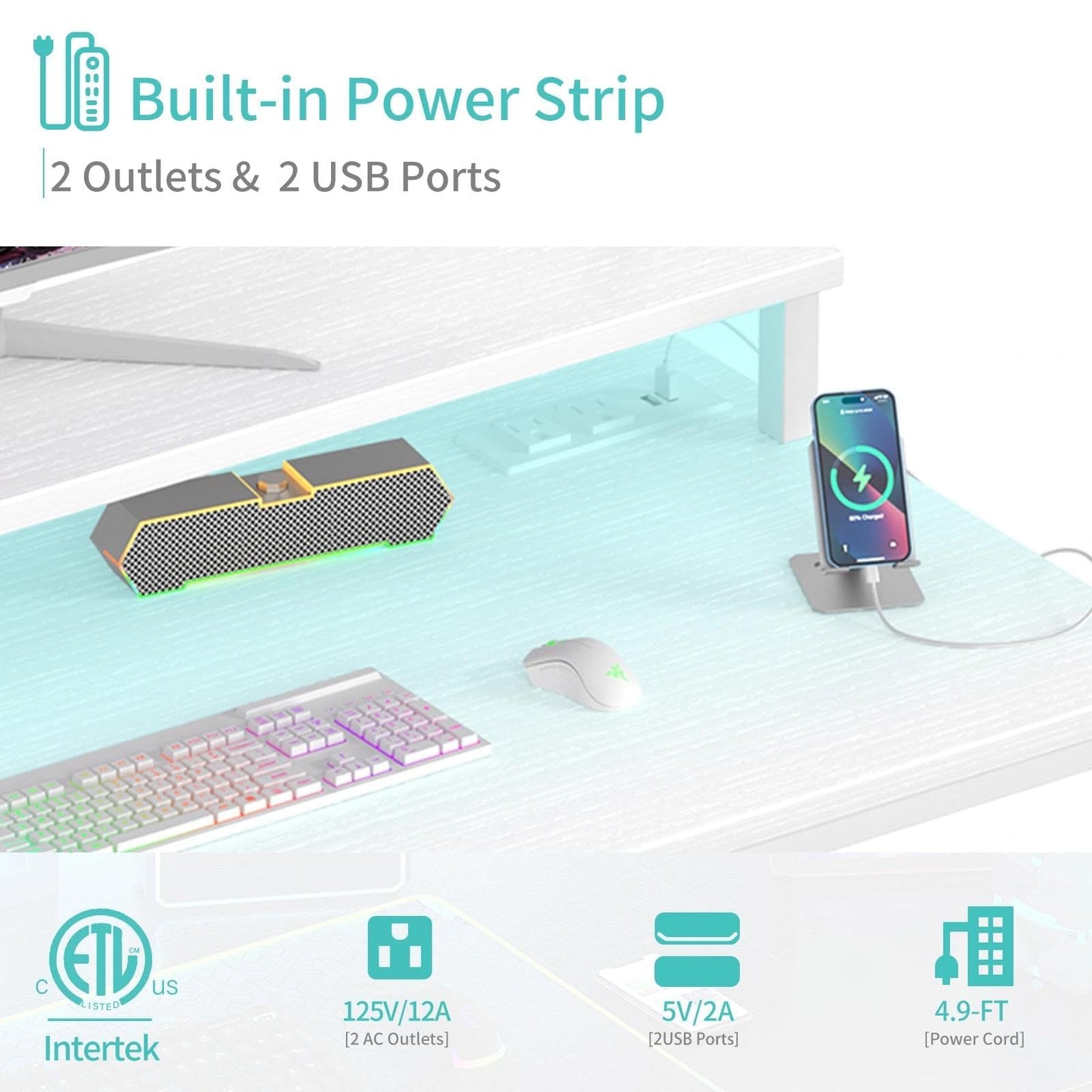 Lufeiya Small White Desk with LED Lights and Power Outlets, 32 Inch Home Office Computer Desks with Monitor Stand, Teen Writing Study Table Gaming Desk with Charging Station, White