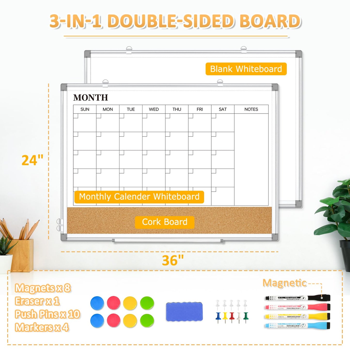 QUEENLINK Large Dry Erase Calendar for Wall, 36"x24" Double-Sided Magnetic Whiteboard Calendar with Cork Board, Aluminum Frame Monthly White Board Memo Message Board for Office, Home, School, Kitchen