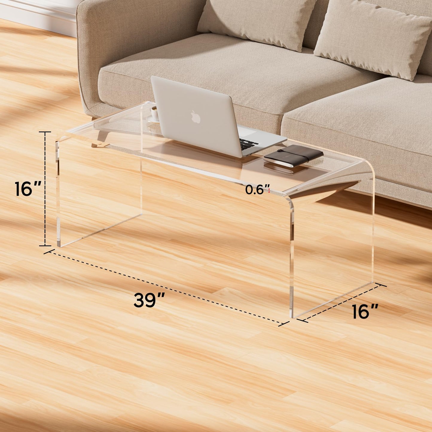 TPZLRN Premium Acrylic Coffee Table, 40" D x 16" W x 16" H Modern Clear Coffee Table, 0.6'' Thick Rectangle Waterfall Table for Living Room, Office, Hotel, Showroom, Transparent