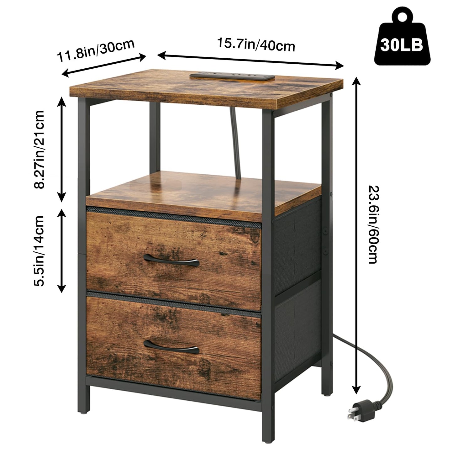 Fixwal Night Stand with Charger Station, Nightstand with Charging Station & Fabric Drawers，Rustic Brown