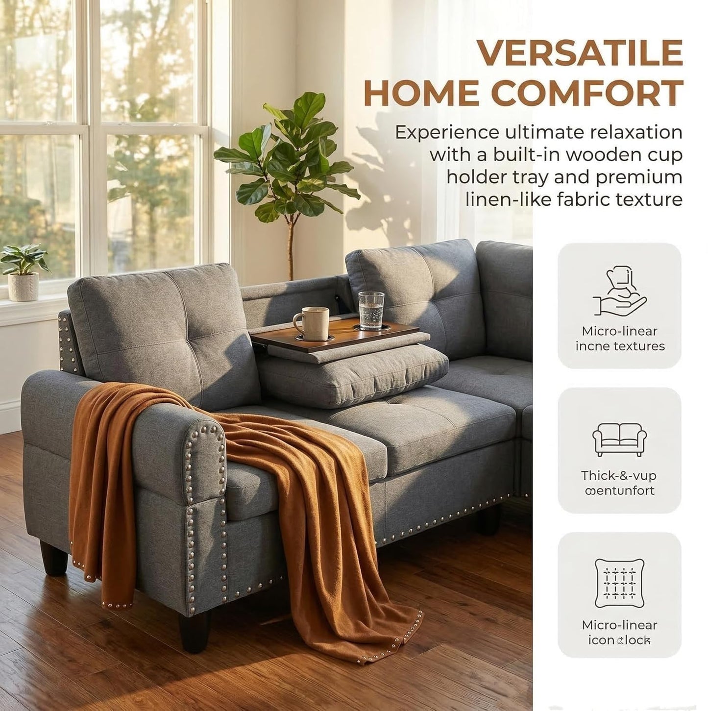 Trygoal 97" Linen 4-Seat L-Shaped Sectional Sofa with Movable Chaise & Storage Ottoman - 3-Piece Modular Convertible Couch for Living Room, Bedroom, Apartment & Office, Charcoal