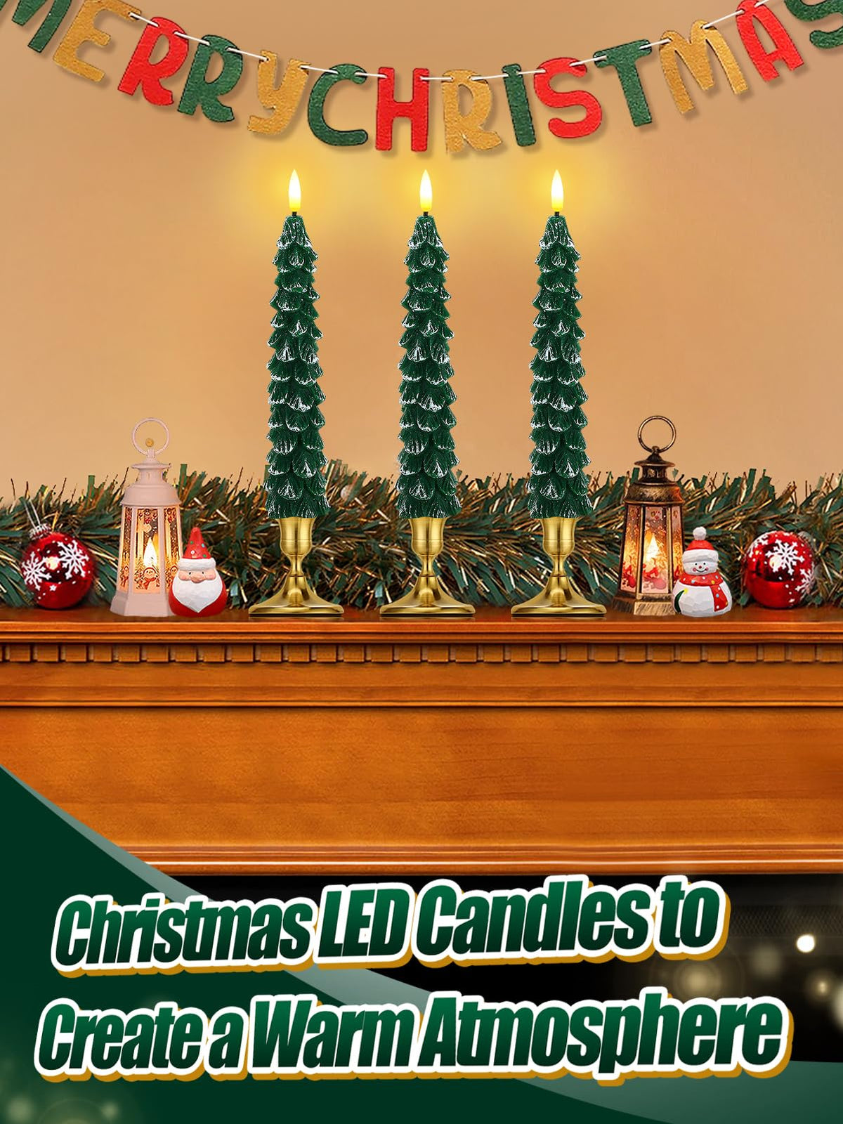 Beeplove 3 Pack Christmas Tree Candles with Remote- Real Wax Flameless Taper Candles, 9.7in Green Candlesticks Battery Operated for Home Table Metal Xmas Holiday Indoor Decorations Gifts