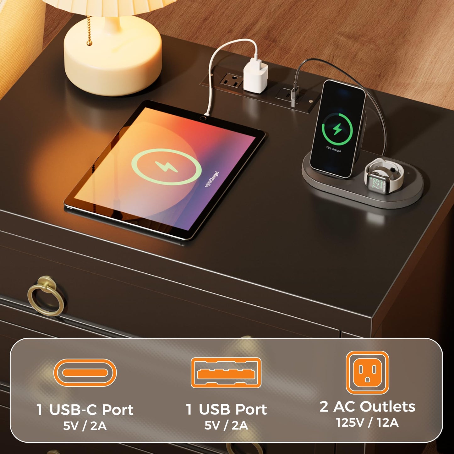 Huuger 23.6 Inch Night Stand with Charger Station and USB-C Port, 3 Drawer Nightstand, Larger Wider Bedside Table, Modern Side End Table, for Bedroom, Black Nightstand