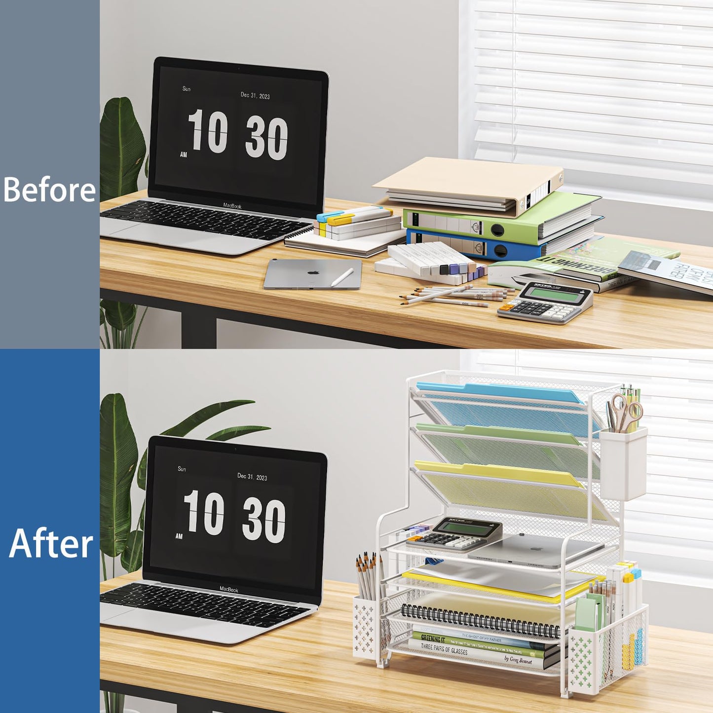 Simple Trending 7 Tier Desk File Organizer, Letter Tray Paper Organizer with Pen Holder and Metal Hanging Basket, White