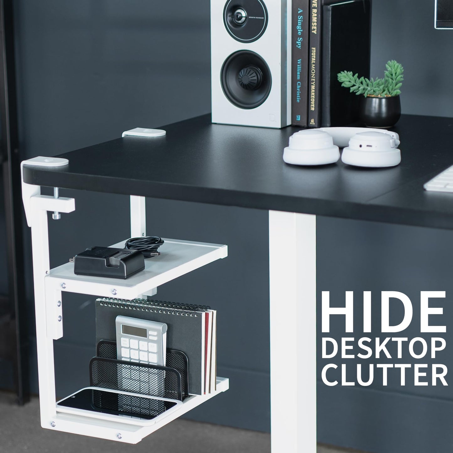 VIVO Clamp-on 13 inch Above or Below Desk 2-Tier Shelving Unit for Table Accessories, Gaming Devices, and More, Storage Tray, Desktop Organizer, White, STAND-SHELF2CW