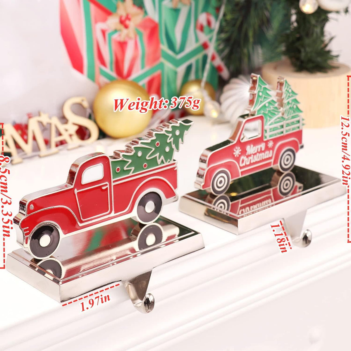 Yuokwer Set of 2 Christmas Stocking Holder for Mantel Christmas Decoration,Metal Red Truck with Christmas Tree Stocking Hangers for Fireplace Xmas Decoration Supplies (Truck)