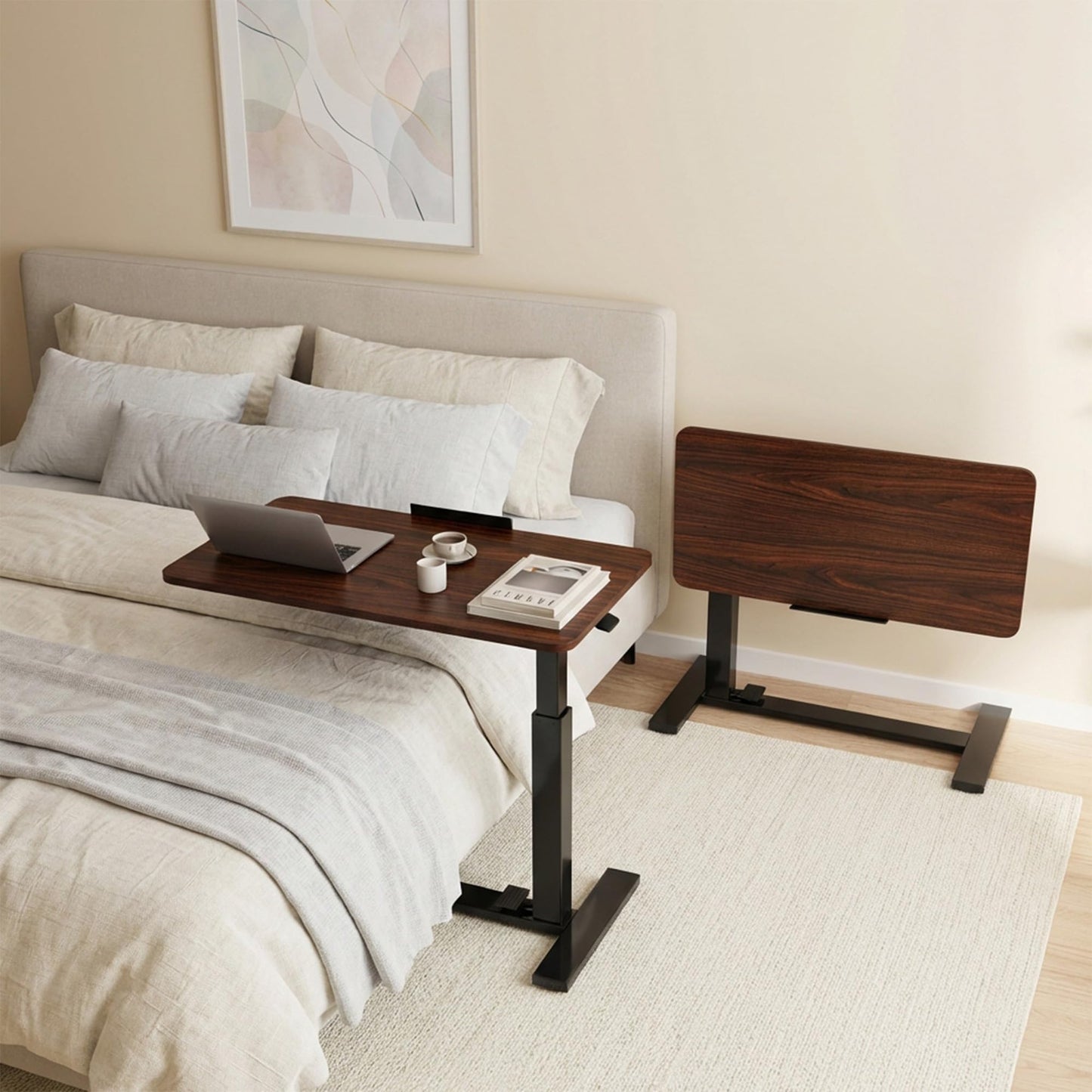 DUMOS Mobile Standing Desk, Height-Adjustable Computer Cart with Pneumatic Lift, Portable Computer Workstation Cart for Bed, Couch, Office, Sofa, Brown