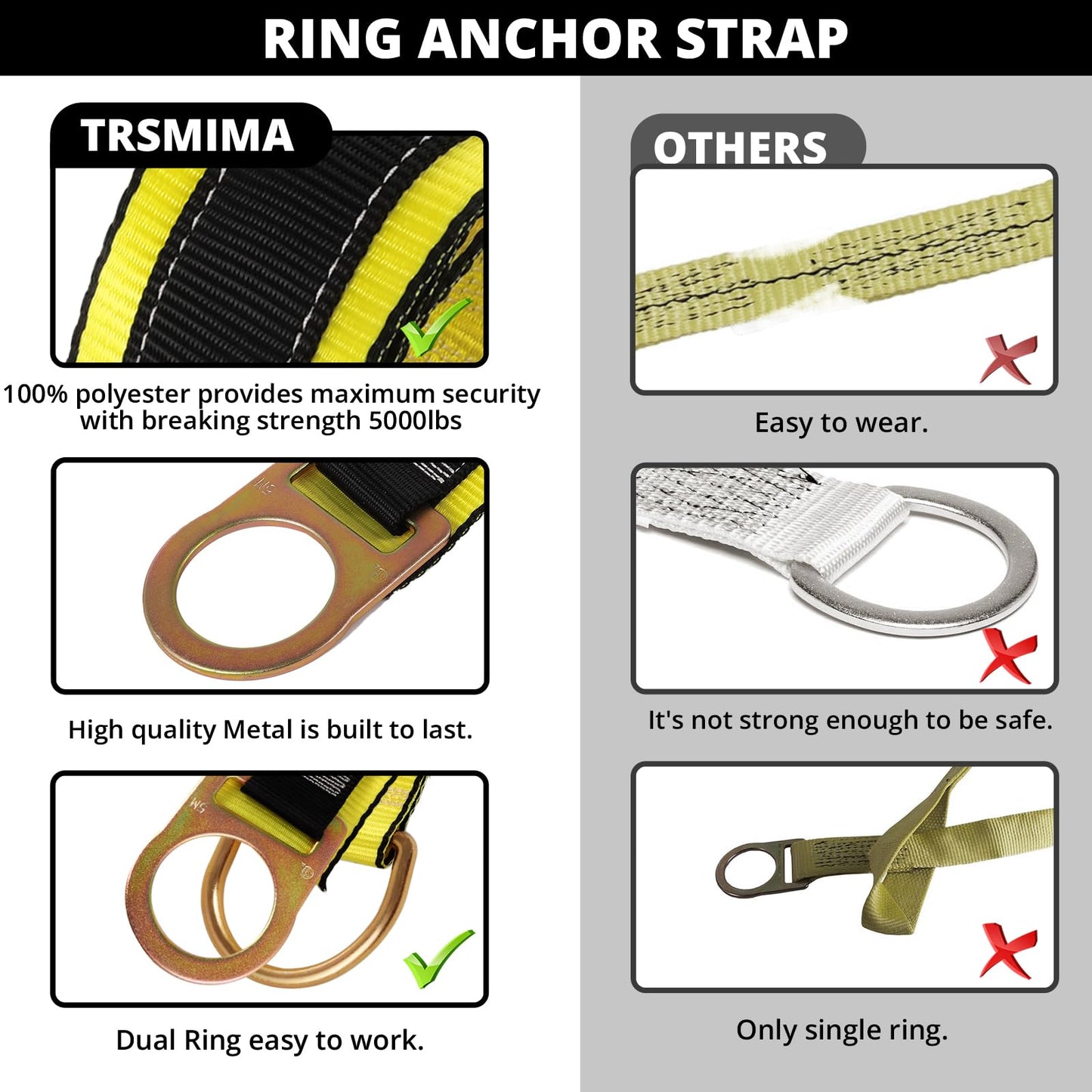 TRSMIMA Safety Strap Fall Protection - 6ft Cross Arm Strap Anchor Strap Anchorage Webbing with Double D Ring for Heavy Duty for Safety Harness