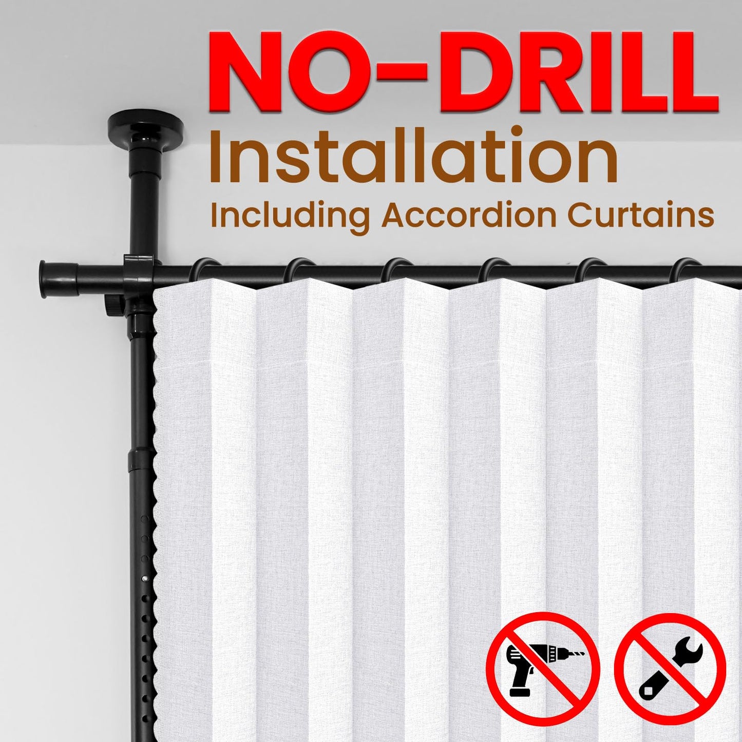 100% Blackout Room Divider Curtains Sets White 2 Panels W100 x L84in No Drill Curtain Rods(H) 43-120×(W) 35-200 in for Studio Apartment Dorm Office