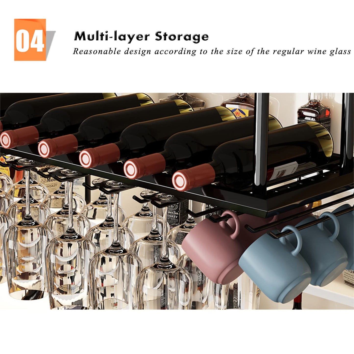 Wine Rack Wine Shelf Ceiling Adjustable Hanging Metal Wine Holder Floating Iron Bottle Holder Wine Shelf Storage Shelve for Bar Cafe Kitchen Party