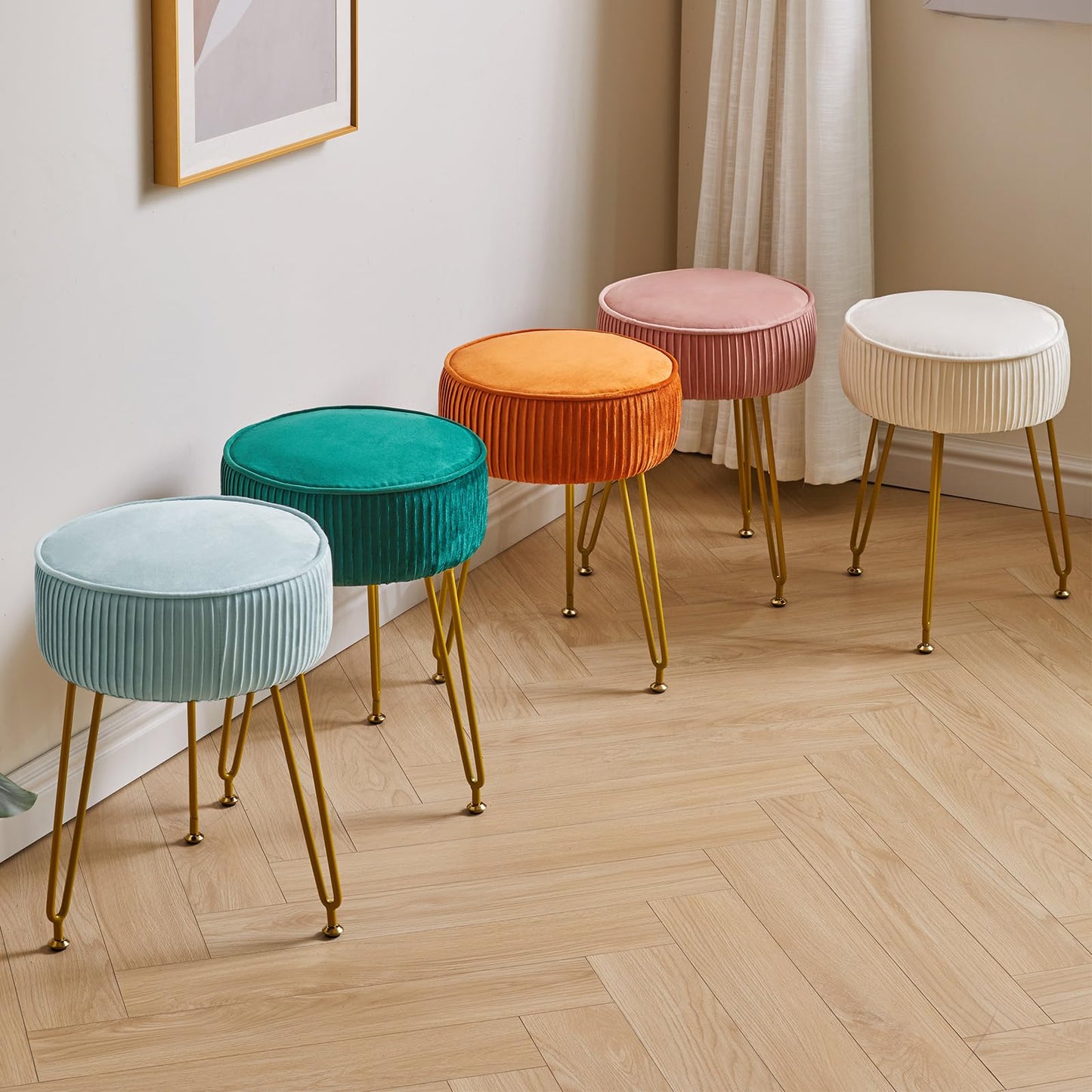 IBUYKE Velvet Round Footrest Stool Ottoman, Makeup Vanity Stool Side Table, Velvet Dressing Table Seat, Pouf Couch Stool, Golden Steel Legs, Blue LG-30H