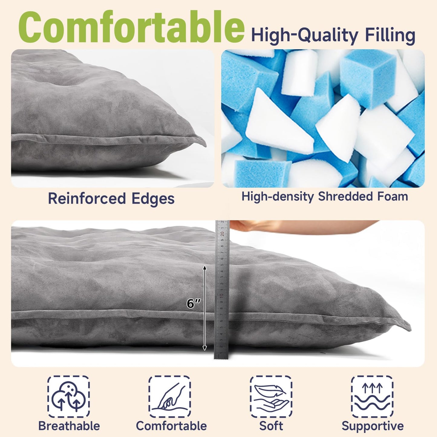 KOSRLY 6" Futon Mattress Full Size, Tufted Futons Sofa Couch Bed with Twisted Rope Design Edging,Versatile Floor Mattress for Adults，Shredded Foam Filling (Frame Not Included Gray, Queen)