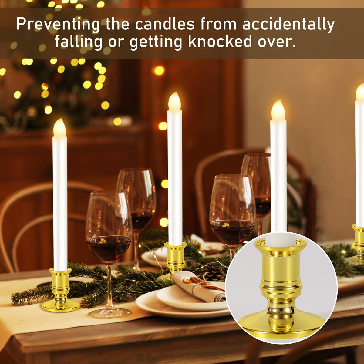 Qmioti 8 Pack Christmas Window Candles, Battery Operated Window Candles with Timer Remote, LED Window Candle with Candle Holders Suction Cupsfor Christmas Decorations, Gold