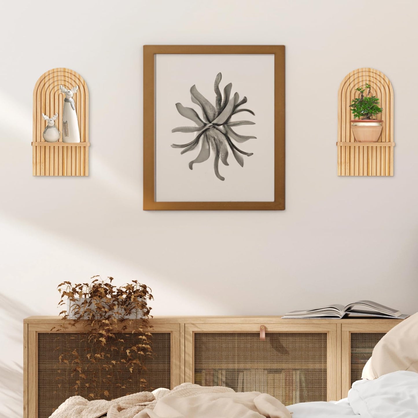 Walasis Boho Shelf Wall Decor - Bohemian Floating Shelves for Nursery Bedroom Living Room Aesthetic Hanging Shelf Modern Rainbow Wall Candle Holder (Natural)