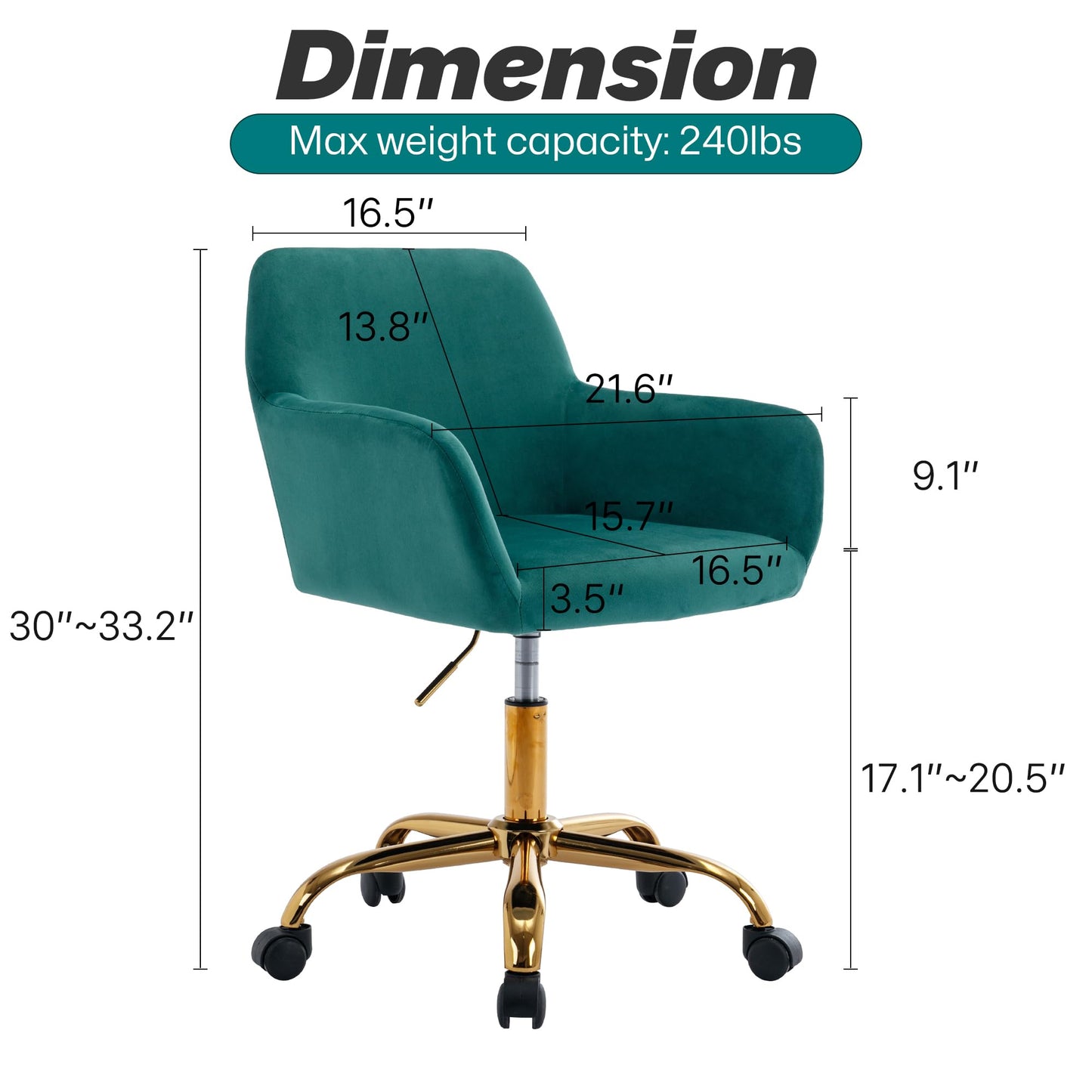 KCC Velvet Office Desk Chair, Comfy Swivel Modern Leisure Armchair with Wheels, Upholstered Comfy Velvet Fabric Makeup Chair Height Adjustable for Teens Women Girls Elegant Home Office, Green