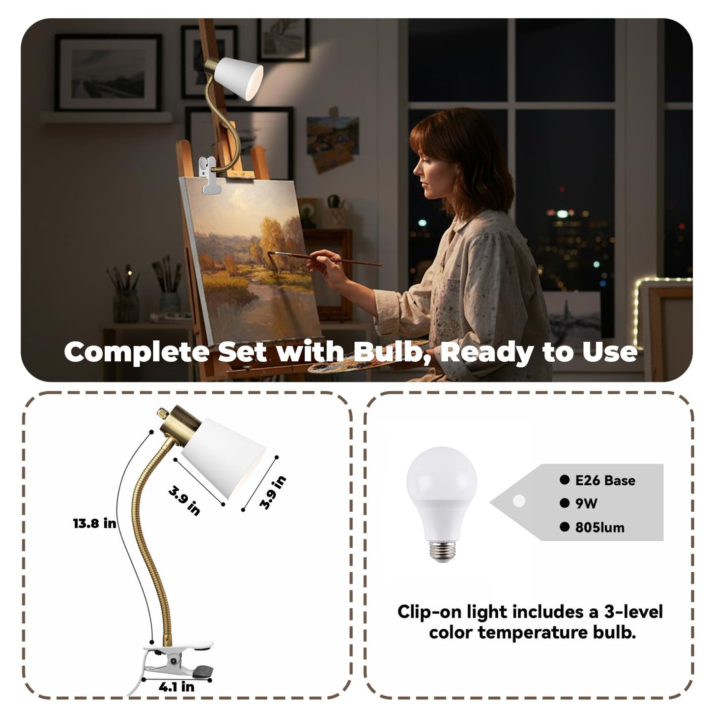Desk lamp Eye-Caring Table Lamps, 360°Rotation Gooseneck Clip on Lamp Reading Light, Portable Reading Book Light, Clamp Light, Study Desk Lamps for Bedroom and Office Home Lighting (Black and White)