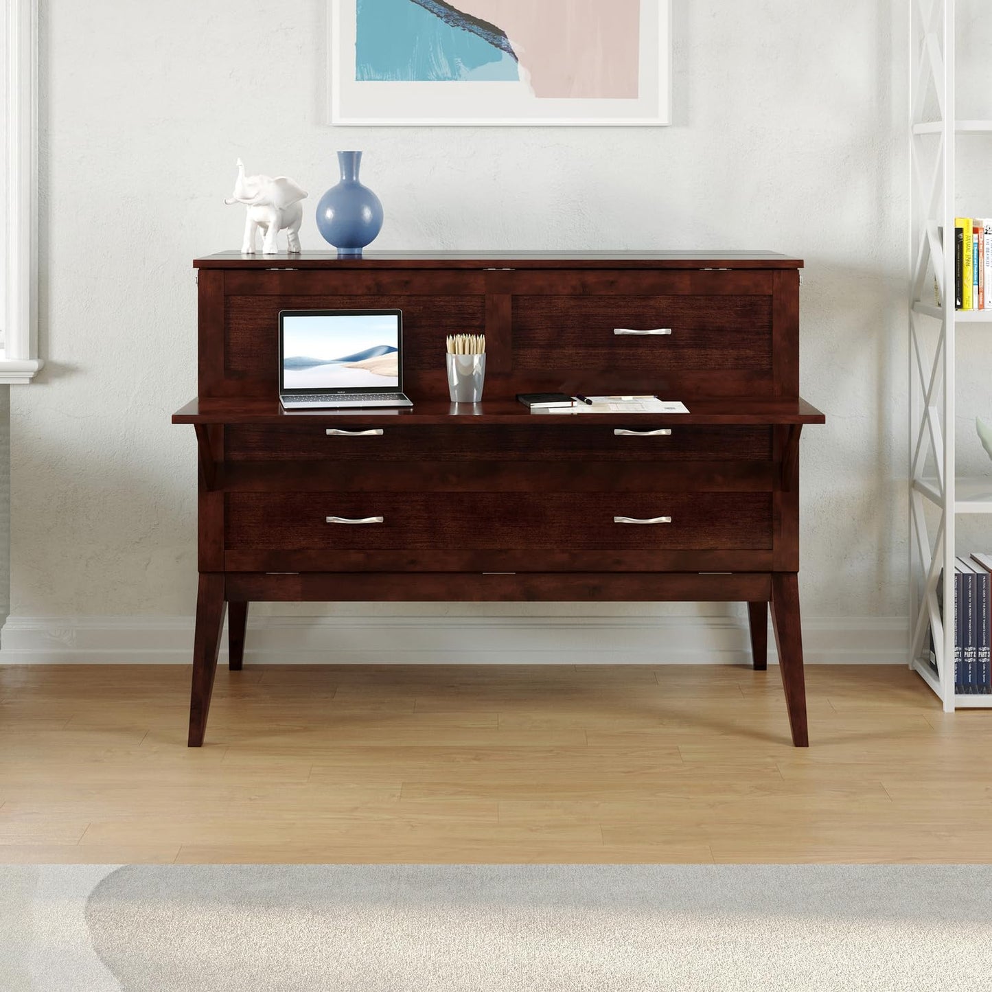 HomeStock Full Murphy Bed Desk with 6" Mattress & Built in Charger in Walnut