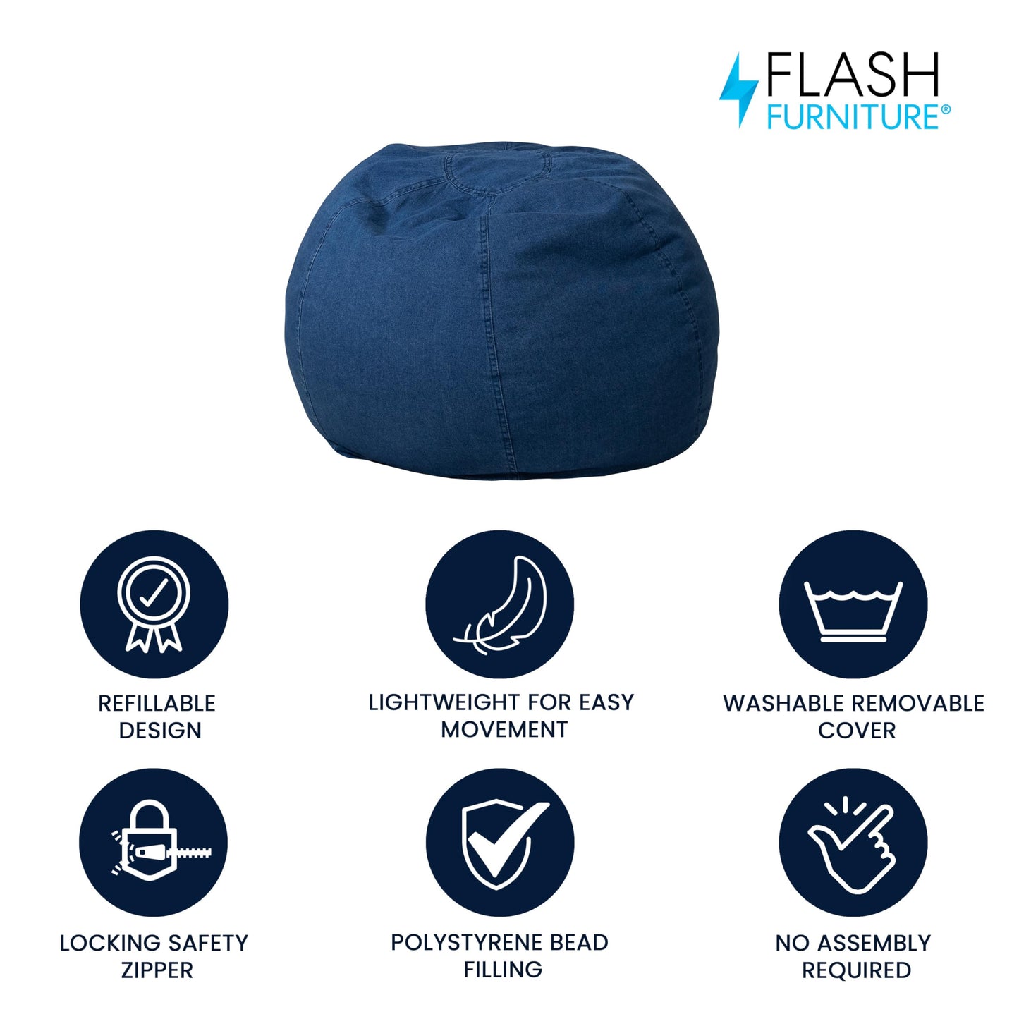 Flash Furniture Dillon Small Bean Bag Chair for Kids and Teens, Foam-Filled Beanbag Chair with Machine Washable Cover, Denim