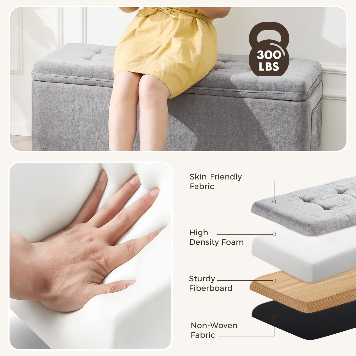 2BYF Storage Ottoman Bench with Lift Top, End of Bed Bench for Bedroom, Living Room & Entryway Storage Seat Shoe Bench with Storage (Gray)