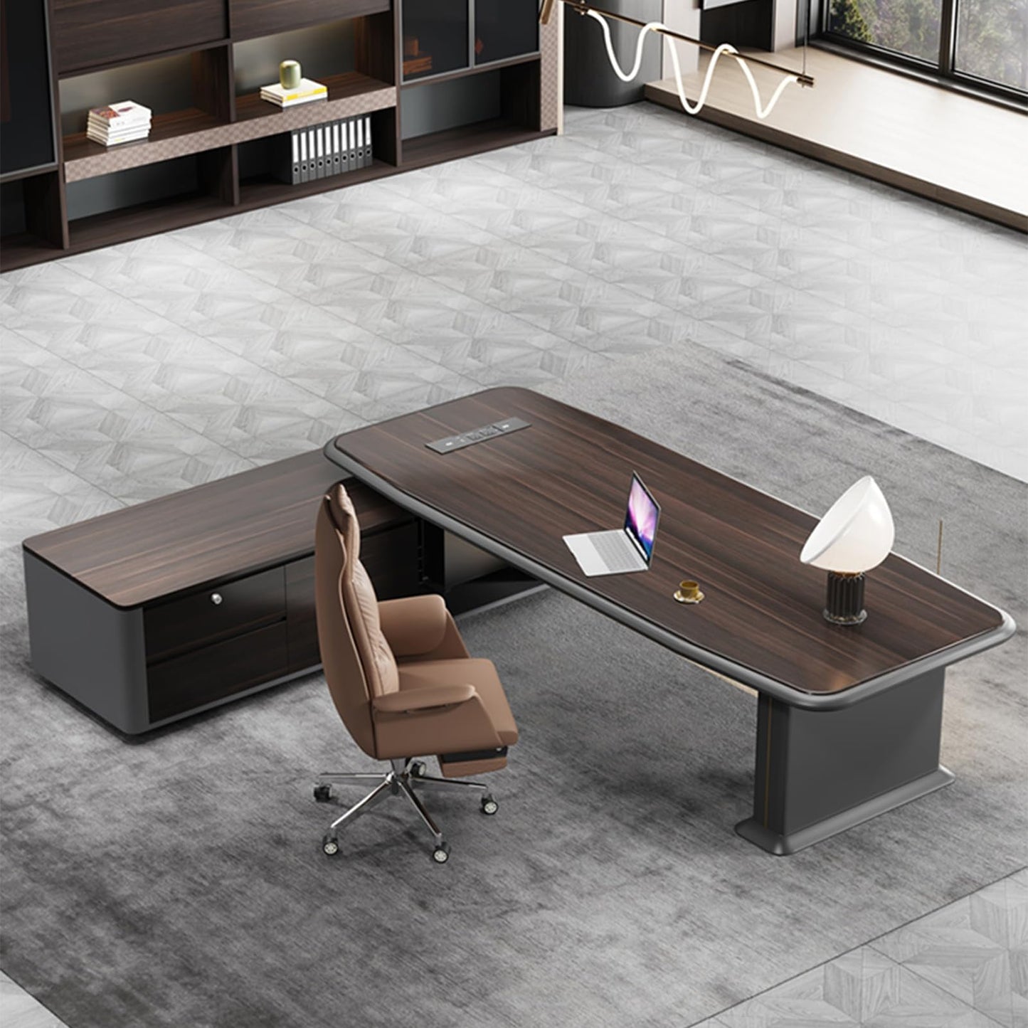 LSIGHTUS Luxury L Shaped Executive Office Desk, Modern Large Home Executive Desk with Drawers Built-in Cable Box & LED Lighting Management Working Table for Boss, Owners