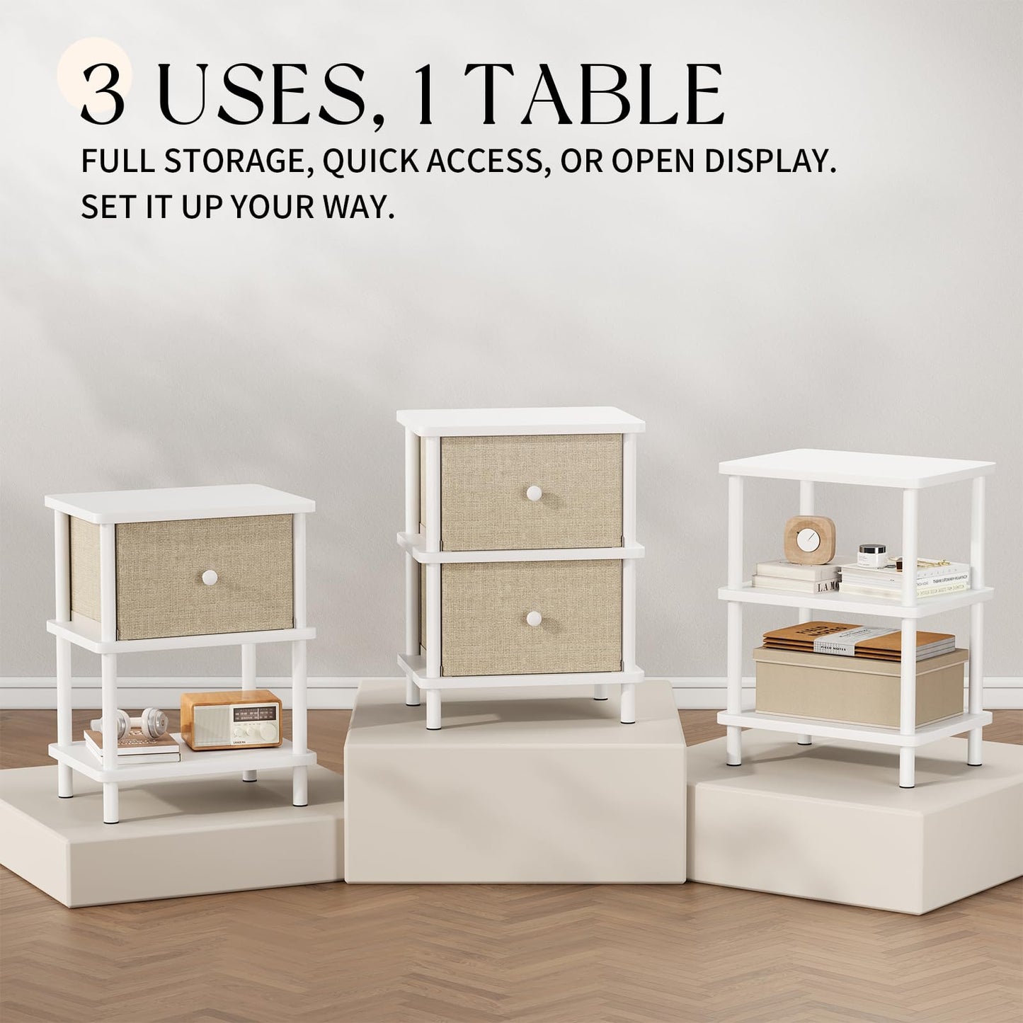 Apicizon Nightstand with 2 Storage Drawers, Boho Side Table with Solid Wood Legs, End Table for Small Spaces, Bedroom, Living Room, Entryway, White