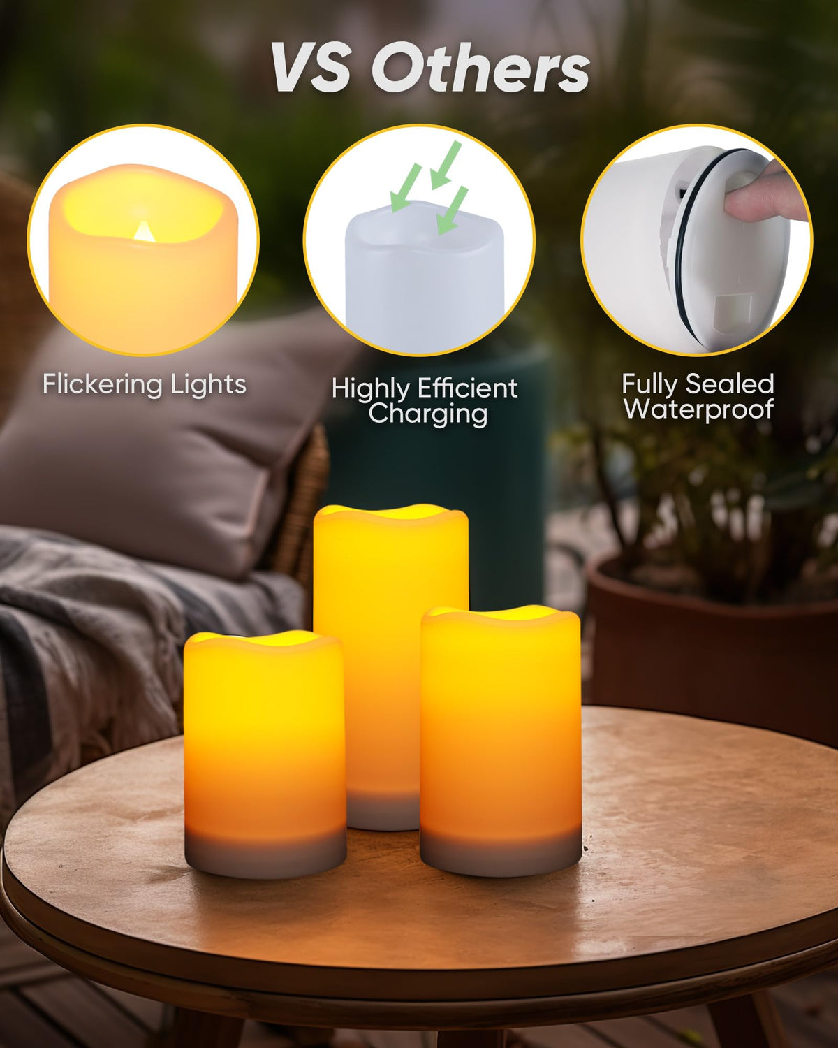 Homemory Solar Powered Candles Outdoor Waterproof, Flickering Glow, Rechargeable Candles, Solar Powered Candles for Outside, Lanterns, Sensor Only, Dusk to Dawn, Set of 3