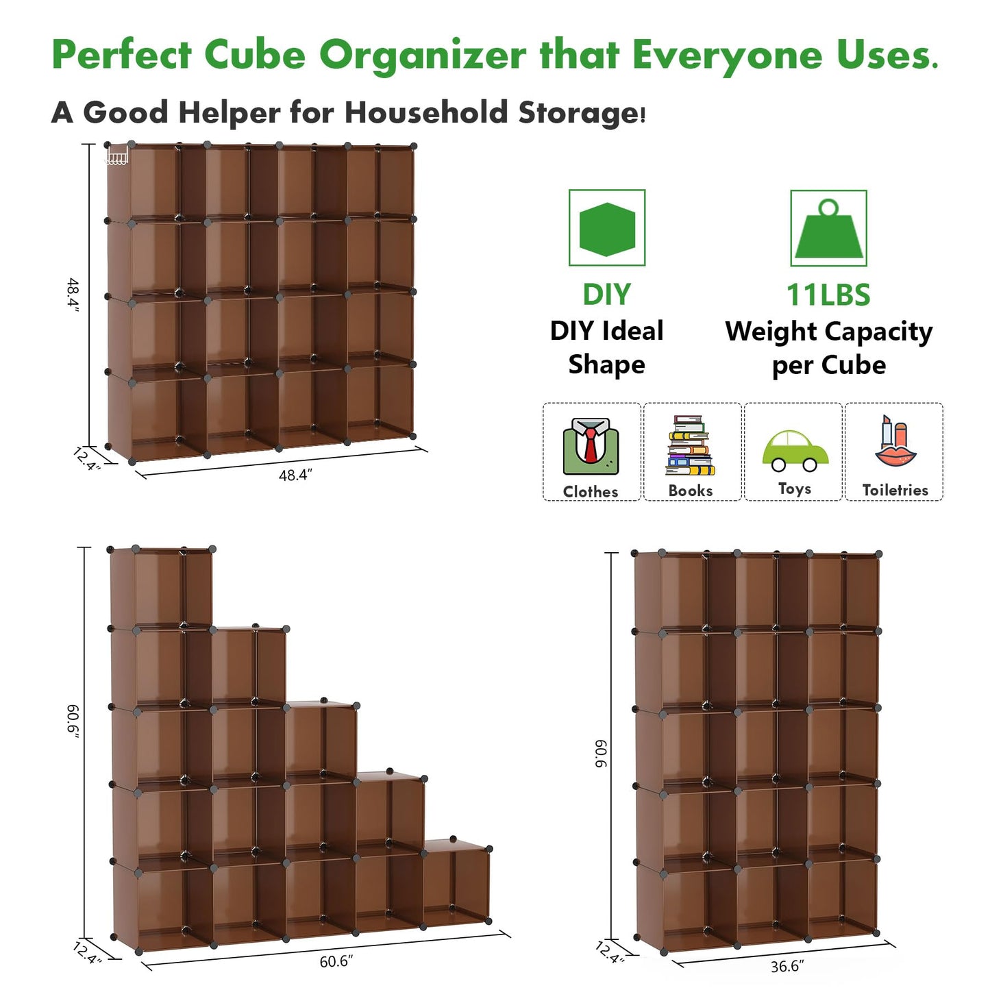 C&AHOME 16-Cube Storage Organizer, Plastic Shelves Units, DIY Closet Organizer, Modular Shelves Ideal for Home, Bedroom, 48.4" L 12.4" W 48.4" H Brown UPCS16C