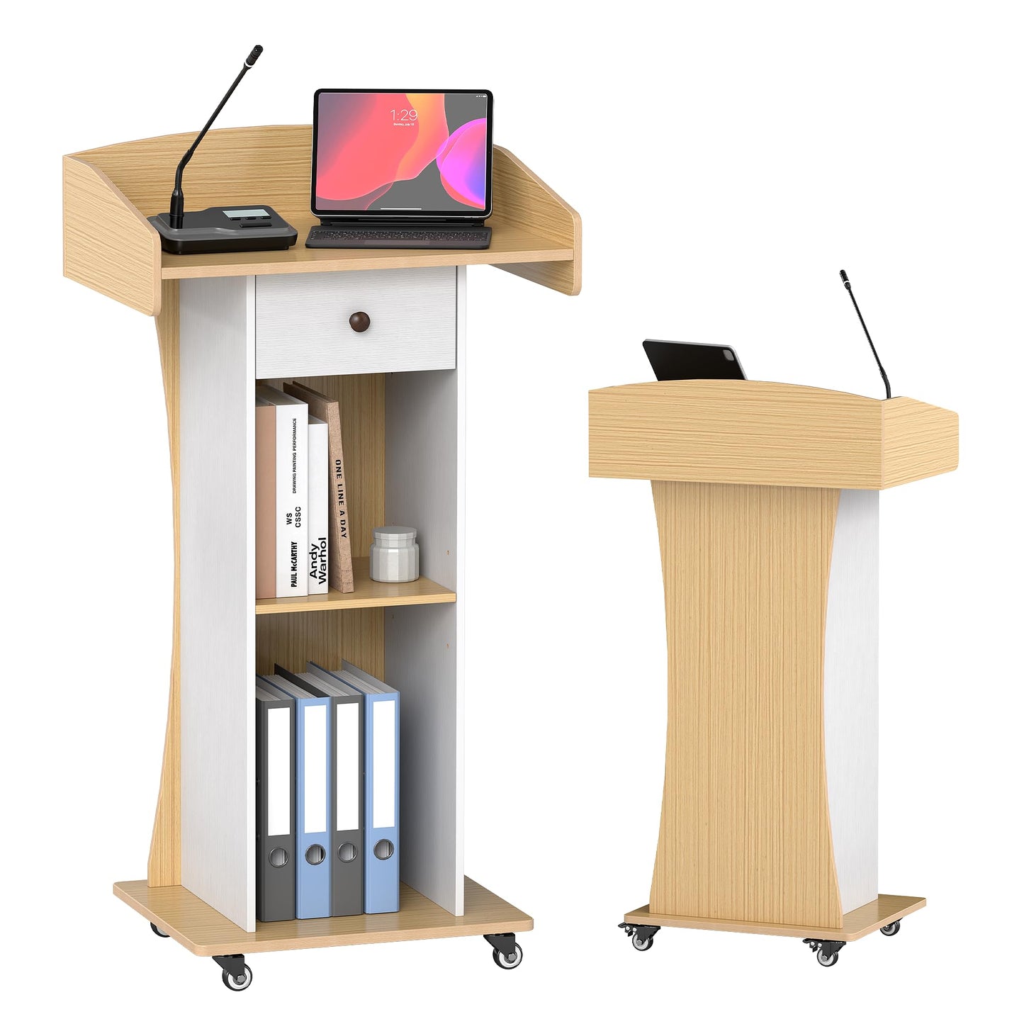 Qriocioa Podium Stand with Metal Wheels Wooden Lectern Podium Stand Portable Pulpit Standing with Storage Mobile Reception Podiums Desk for Church Office School Conference Restaurant Meeting,Wood