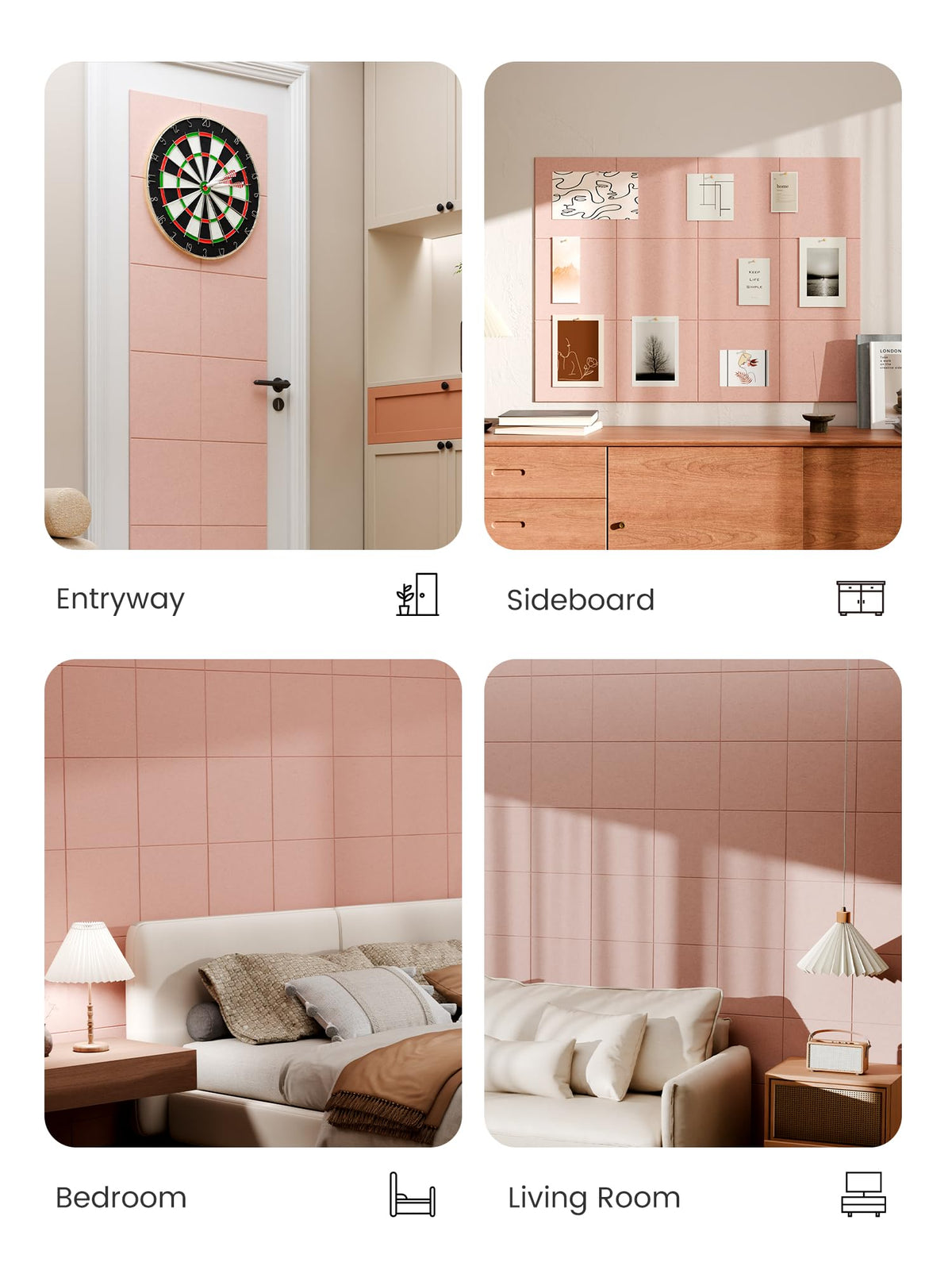 Bumusty Large Cork Board 48" x 36" Alternative - 12 Pack Felt Wall Tiles with 70 Safe Removable Adhesive Tabs, 30 Pushpins, Cork Boards for Walls Pin Board Bulletin Board Office Decor (Pink)