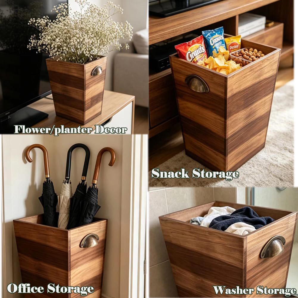 Ayxeute Solid Wood 2.5Gallon Trash Can, Thickened Sturdy Wooden Waste Basket with Metal Handle, Rustic Farmhouse Decorative Garbage Bin for Bathroom, Bedroom, Kitchen, Office, Living Room