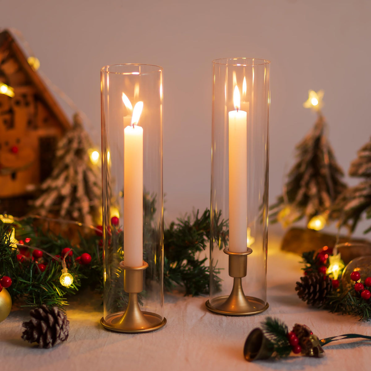 Romadedi Hurricane Candlestick Holders Gold - 10 Pcs Taper Candle Holders Bulk Tall Clear Glass Cylinder for Wedding Table Centerpieces Party Decor Birthday Christmas Home Decorations