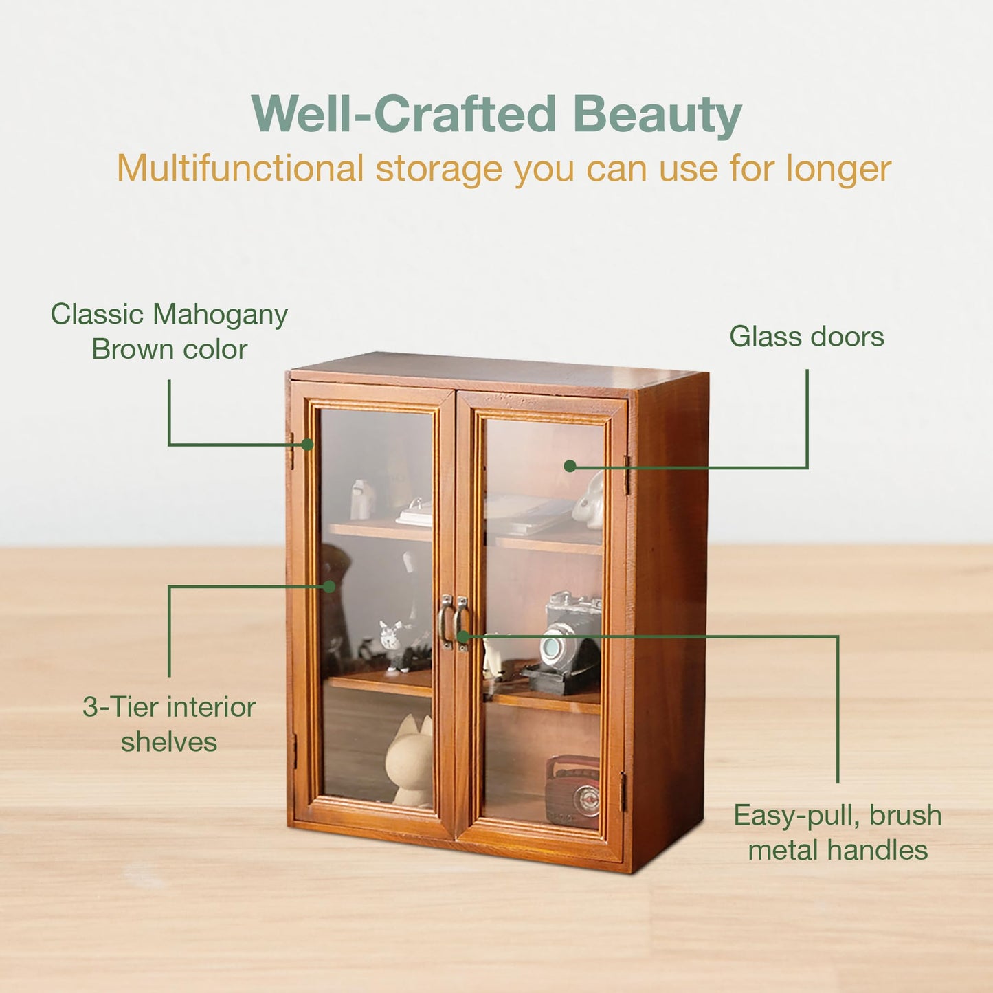 Woodaholic Storage Display Cabinet with Clear Display Doors - Pantry Storage Cupboard - 3-Level Cover with 2 Metal Handles - Rustic Mini Kitchen Cupboard, Mahogany Wood
