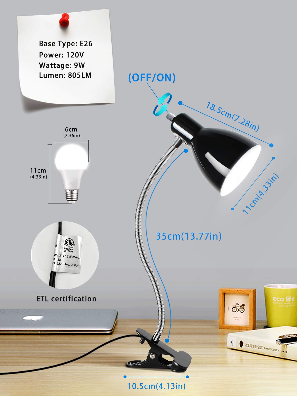 Desk lamp Eye-Caring Table Lamps, 360°Rotation Gooseneck Clip on Lamp Reading Light Portable Reading Book Light Clamp Study Desk Lamps for Bedroom and Office Home Lighting (Black)