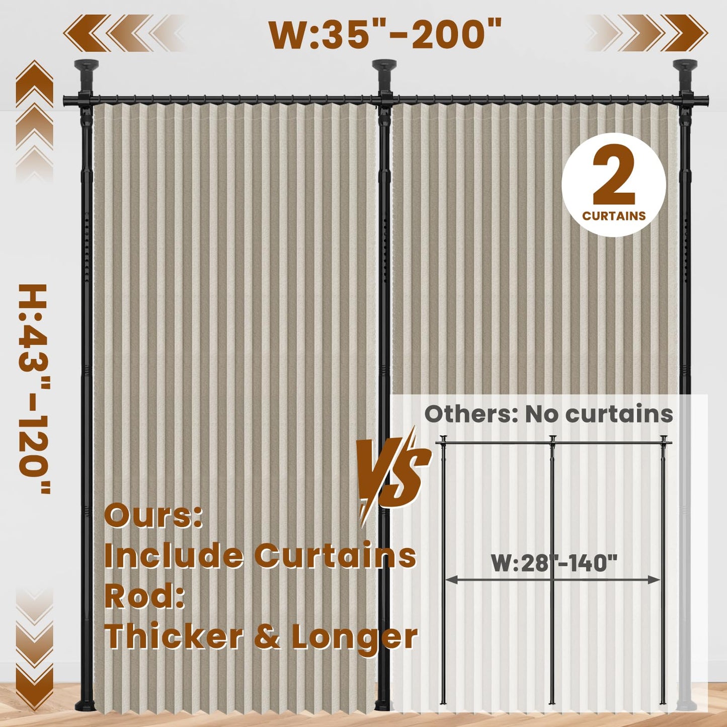 AJAZZ 100% Blackout Room Divider Curtains Sets Cream White 2 Panels W100 x L96in No Drill Curtain Rods(H) 43-120×(W) 35-200 in for Bedroom Privacy Partition Separator
