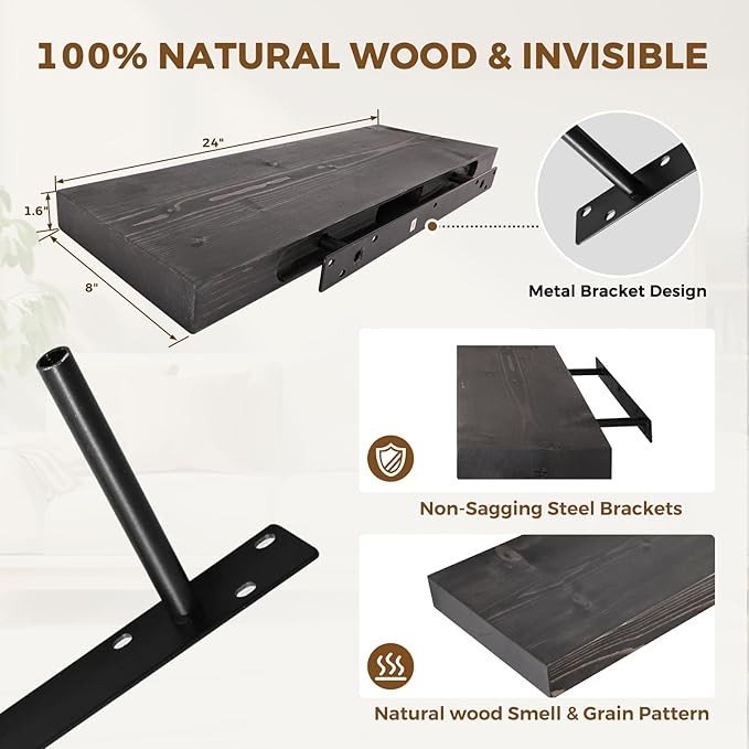 24x8x1.6 inch Floating Shelves Set of 2 – Solid Wood Rustic Black Wall Mounted