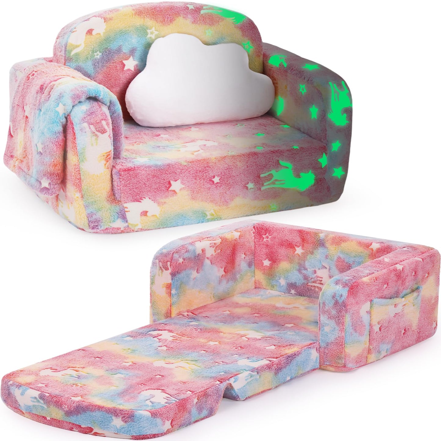 Kids Couch, 2-in-1 Soft Toddler Couch Fold Out with Blanket and Cloud Pillow, Glow in The Dark, Toddler Chair Comfy, Convertible Sofa, Gifts for Kids Girl Boys, Medium Pink Unicorn