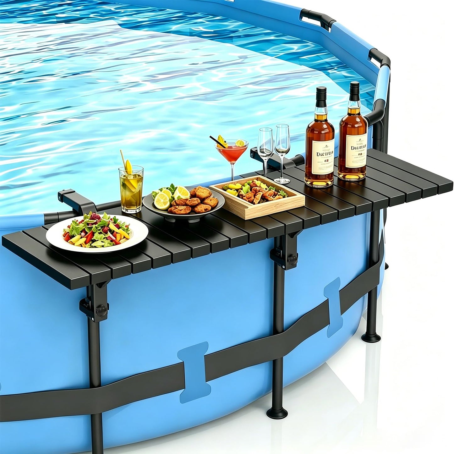 CHENG RONG Swim Up Bar Table for Above Ground Pools - 49.4"×9.6" Galvanized Iron Black Pool Shelf, Holds 110lbs, Fits Top Rails of 4.48" or Less, for Round/Oval/Frame Swimming Pools