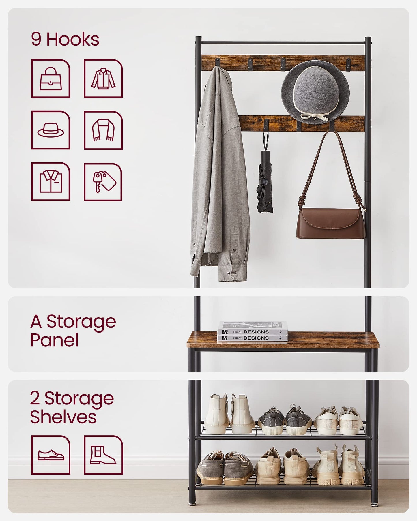 VASAGLE Coat Rack, Hall Tree with Shoe Storage Bench, Entryway Bench with Shoe Storage, 3-in-1, Steel Frame, for Entryway, 12.6 x 27.6 x 68.9 Inches, Industrial, Rustic Brown and Black UHSR41BX
