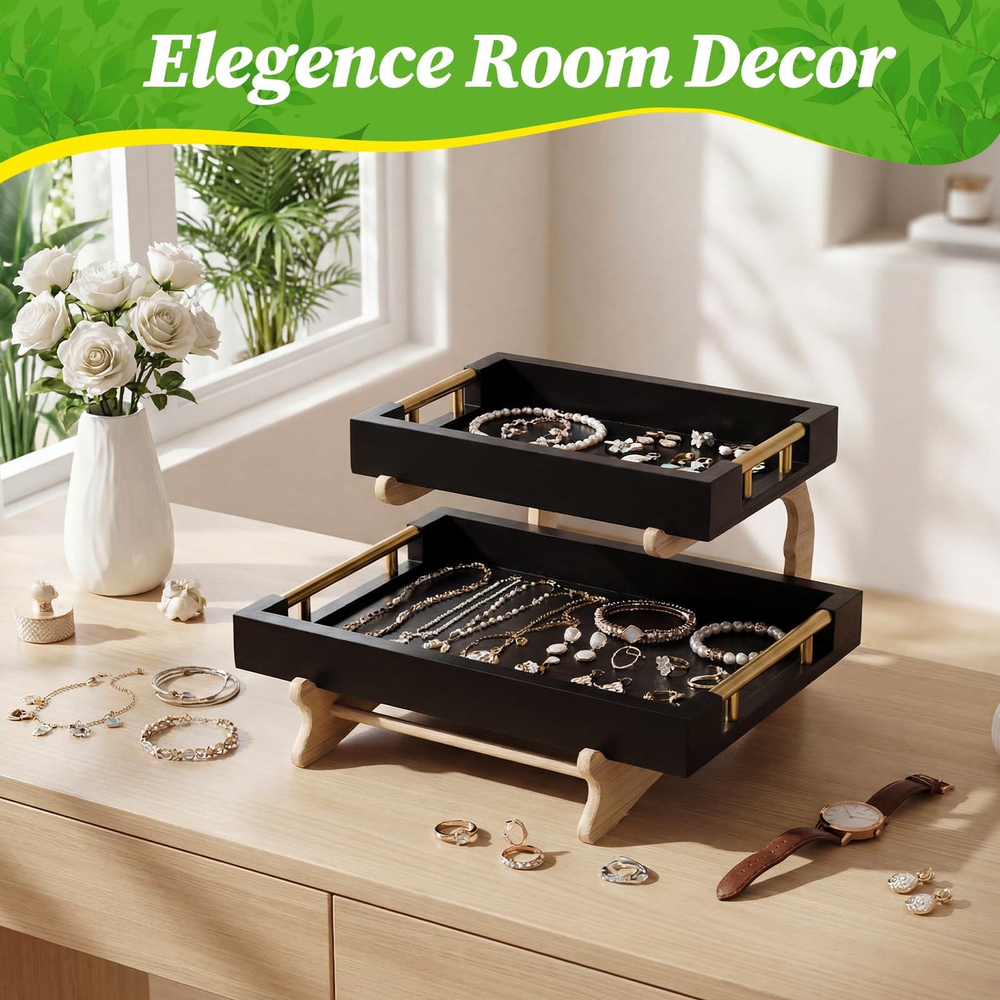 Leinuosen 2 Tier Serving Trays for Party Coffee Table Tray 12"x16" & 8"x12" Large Wooden Ottoman Tray with Gold Handles and Bamboo Stand for Storage Display(Black)