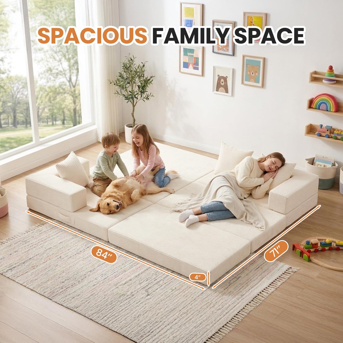 65" Boneless Couch,Convertible Sleeper Sofa Bed, Modular Sectional Sofa, Modern Tri-Folding Cloud Couch with L-Shape Chaise, Corduroy Futon Couches for Small Spaces Apartment,No Assembly