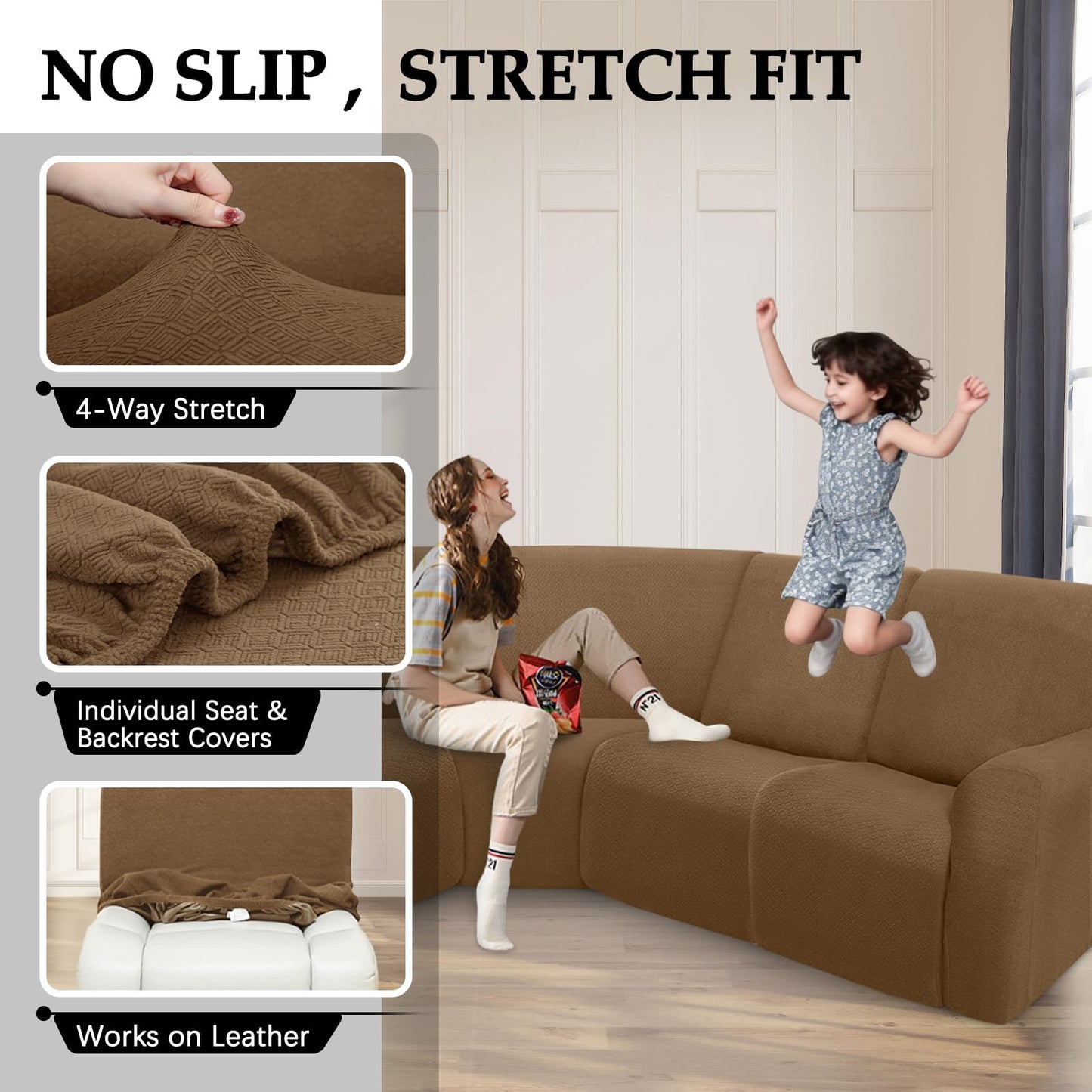ROFASVCO Couch Covers for Sectional Sofa Reclining L Shape Waterproof Washable Sectional Couch Covers Super Stretch Recliner Sofa Slipcover(5 Seater Cover,Brown)